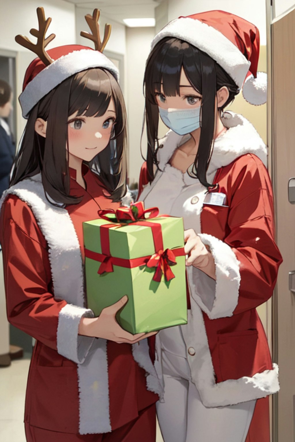入院病棟でプレゼントを配る女医と看護師