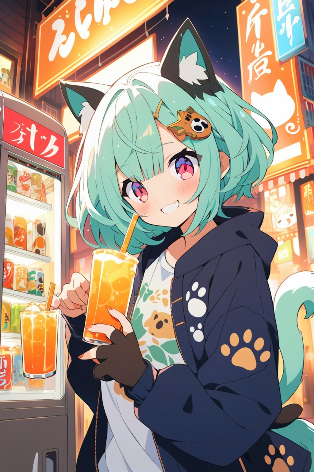 ジュースを飲む緑髪ちゃん