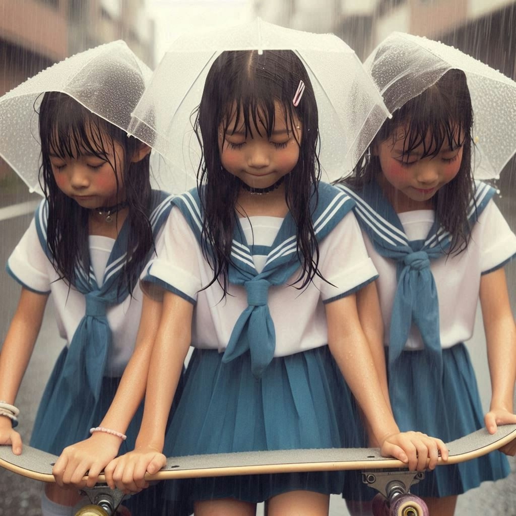 雨の中のスケボー少女