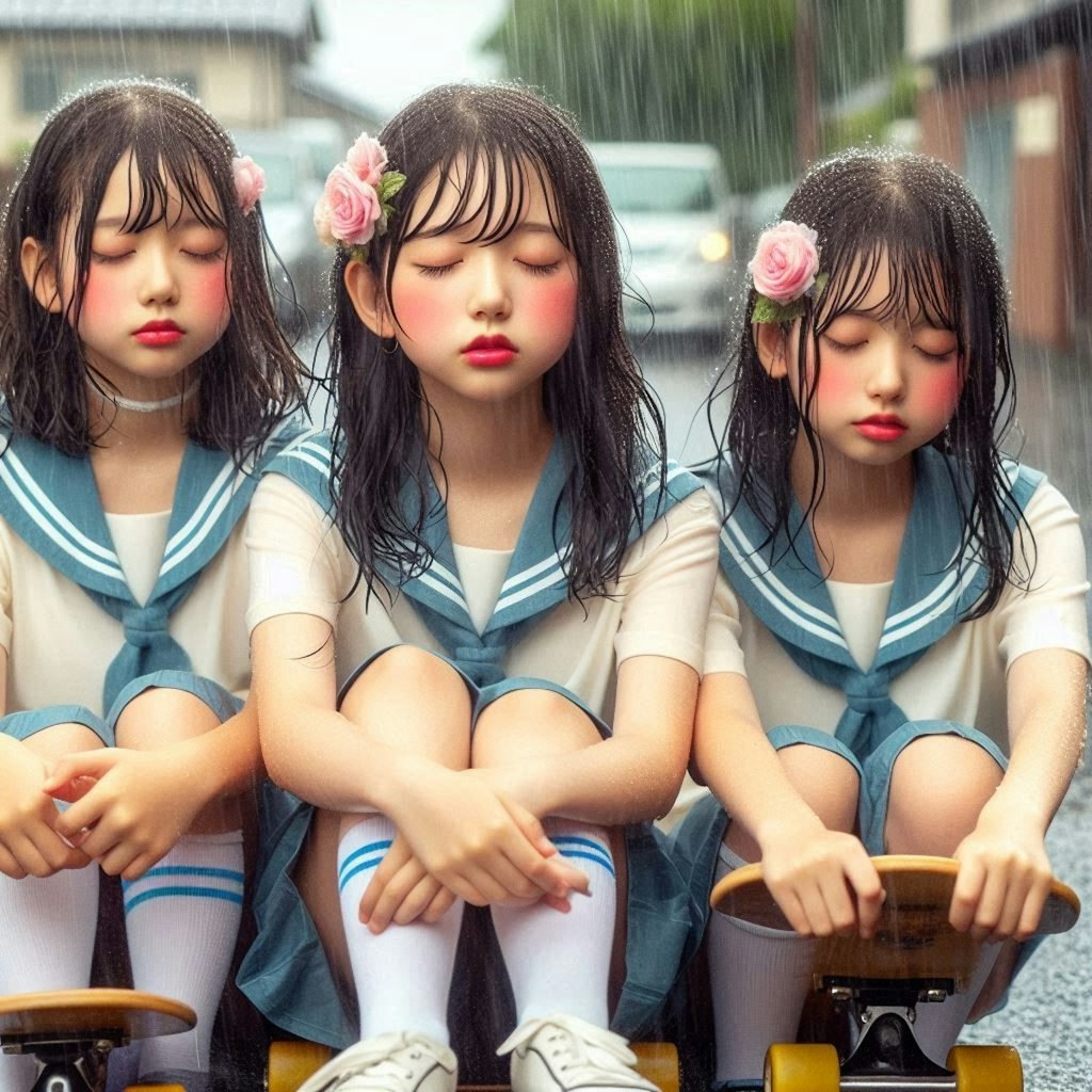 雨の中のスケボー少女