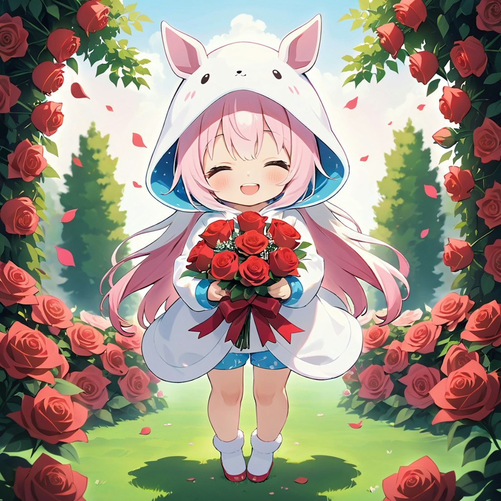 薔薇の花いっぱいケモミミちび子ちゃん