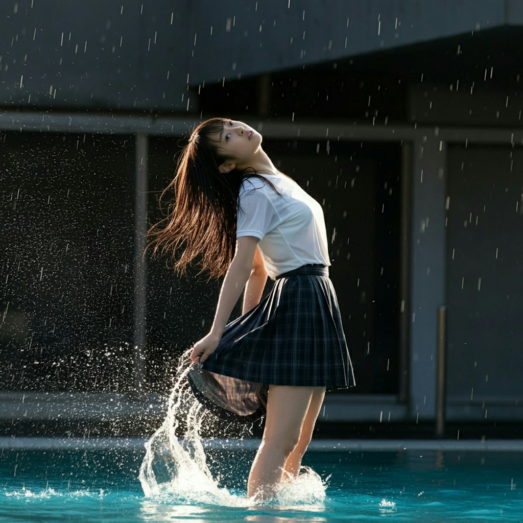 水を使った作品撮影中に雨に降られて、裸足で帰るモデル