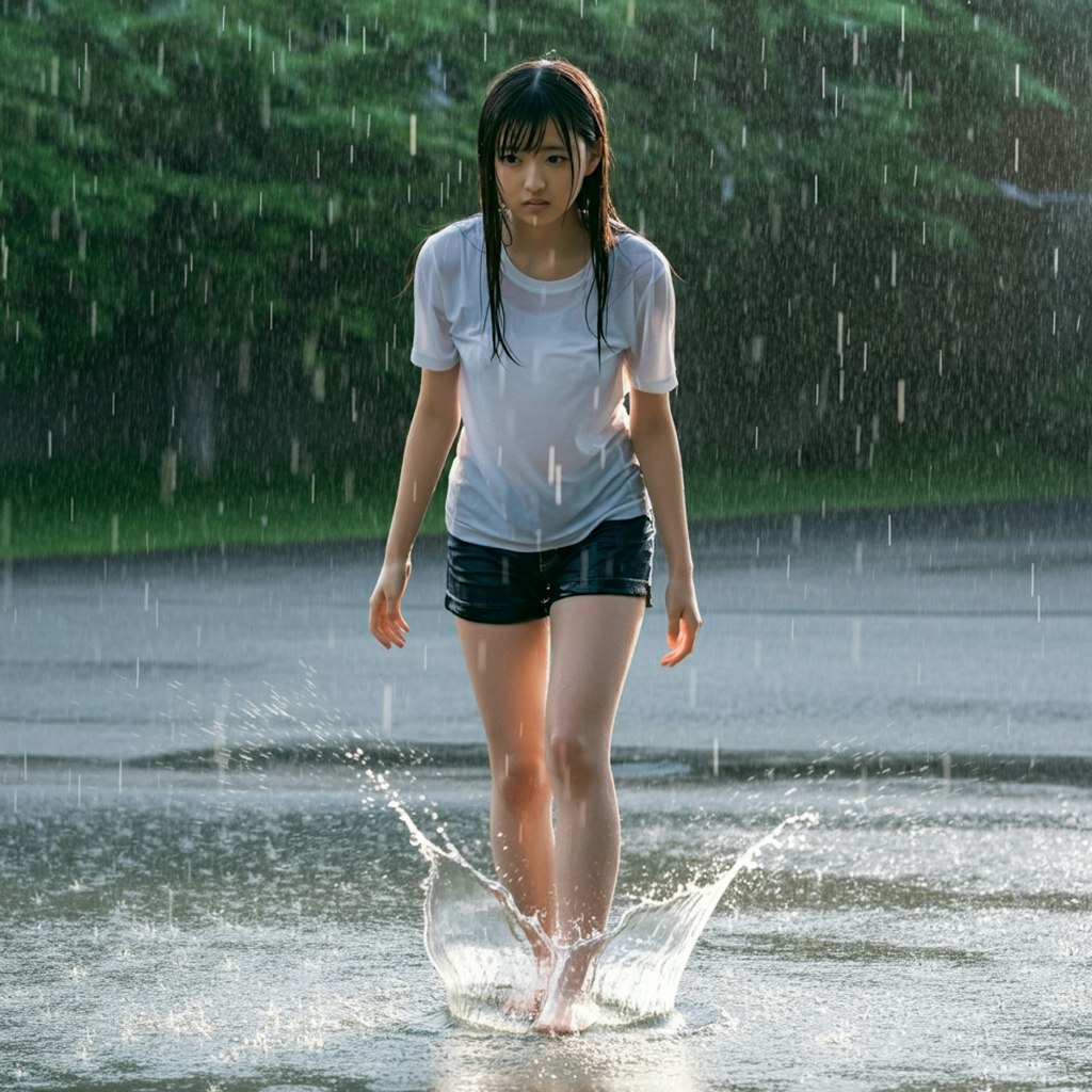 水を使った作品撮影中に雨に降られて、裸足で帰るモデル