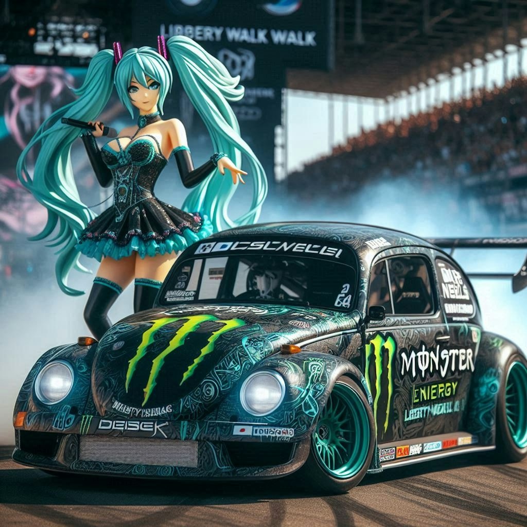 モンスターエナジーリバティーウォークワーゲンビートルのドリ車と初音ミク