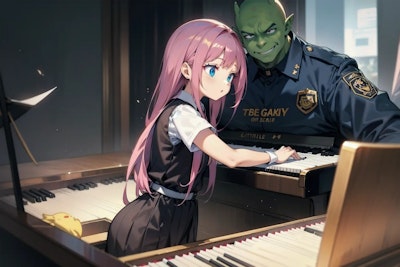 ピアノの難しい練習をしている女の子を見守るオーガ警備員さん