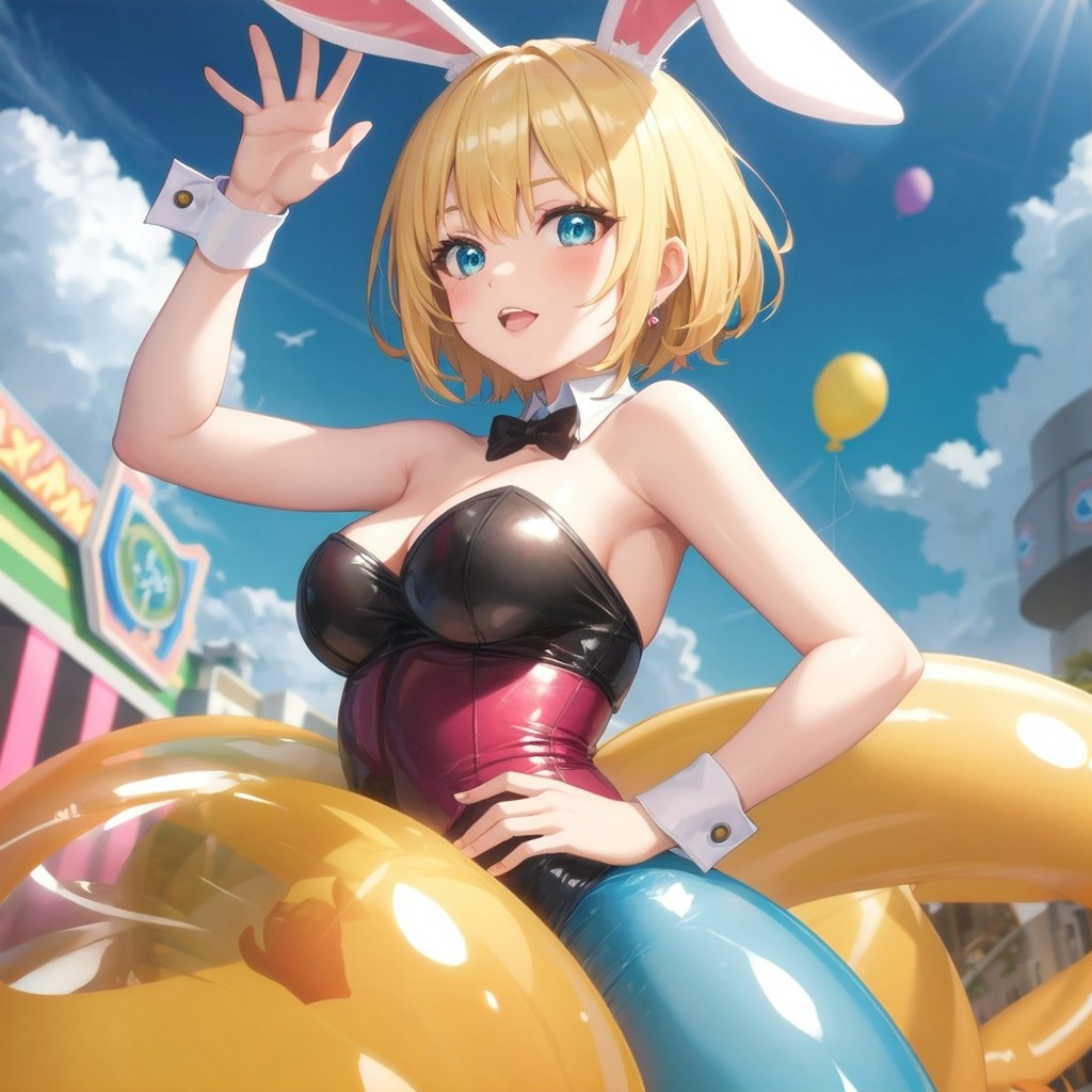 カジノでいっぱい風船を膨らませて遊ぶブロンドショートカットのバニーガール。