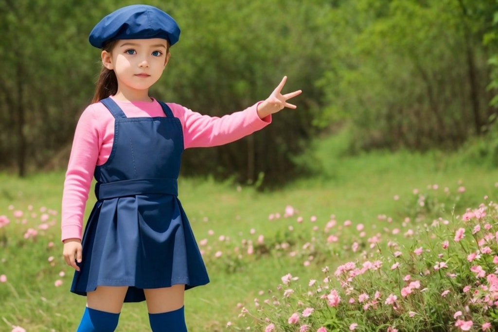 野原で謎ポーズをする少女