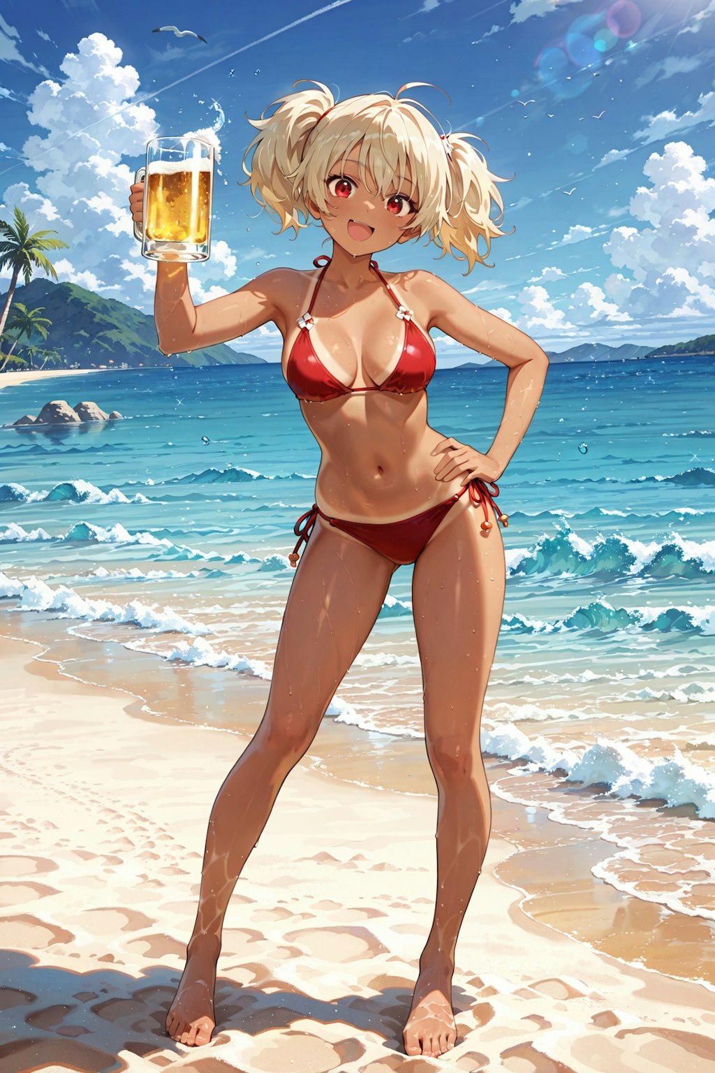 昭和のビール販促ポスター風　日焼け跡くっきりの女の子
