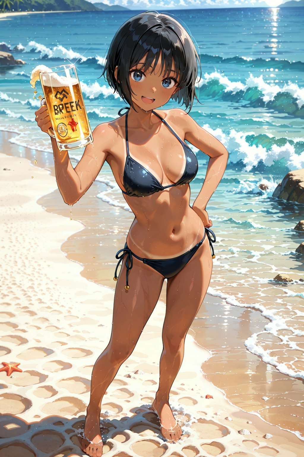 昭和のビール販促ポスター風　日焼け跡くっきりの女の子