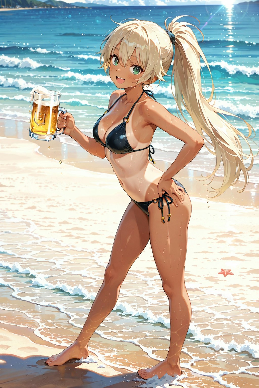 昭和のビール販促ポスター風　日焼け跡くっきりの女の子