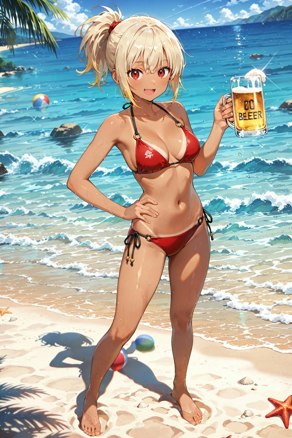 昭和のビール販促ポスター風　日焼け跡くっきりの女の子