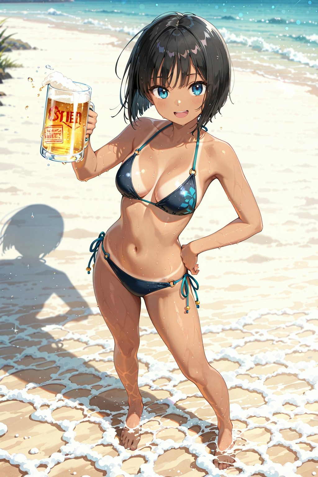 昭和のビール販促ポスター風　日焼け跡くっきりの女の子