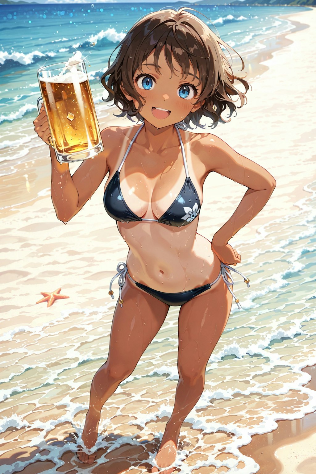 昭和のビール販促ポスター風　日焼け跡くっきりの女の子