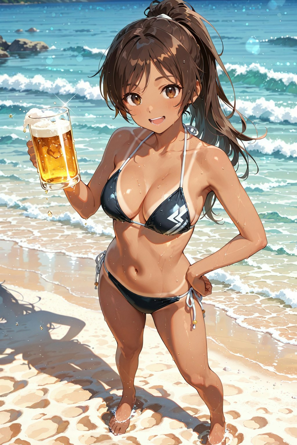 昭和のビール販促ポスター風　日焼け跡くっきりの女の子