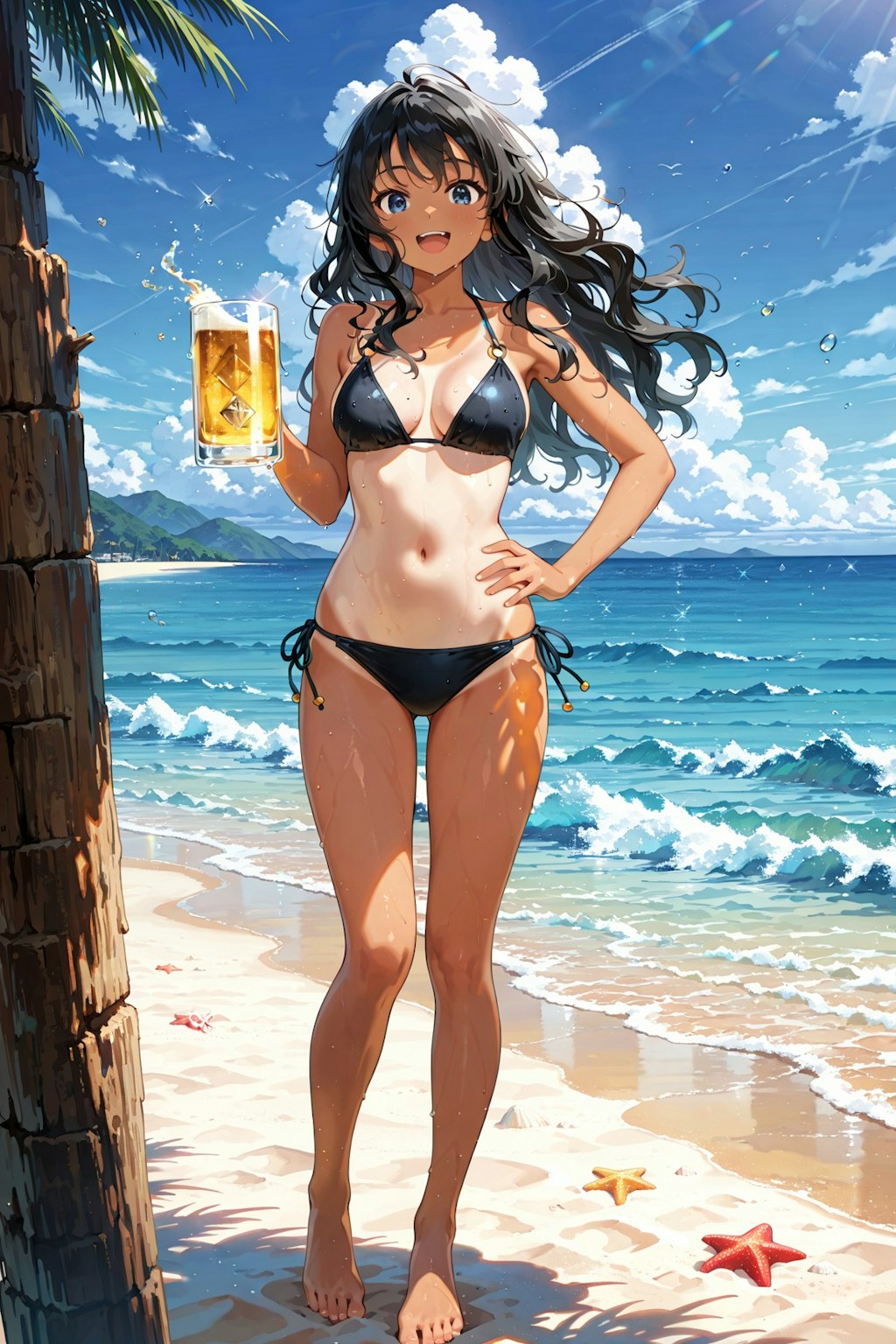 昭和のビール販促ポスター風　日焼け跡くっきりの女の子