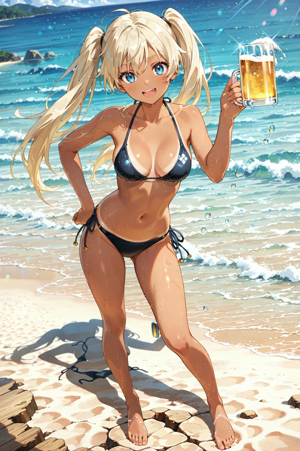 昭和のビール販促ポスター風　日焼け跡くっきりの女の子
