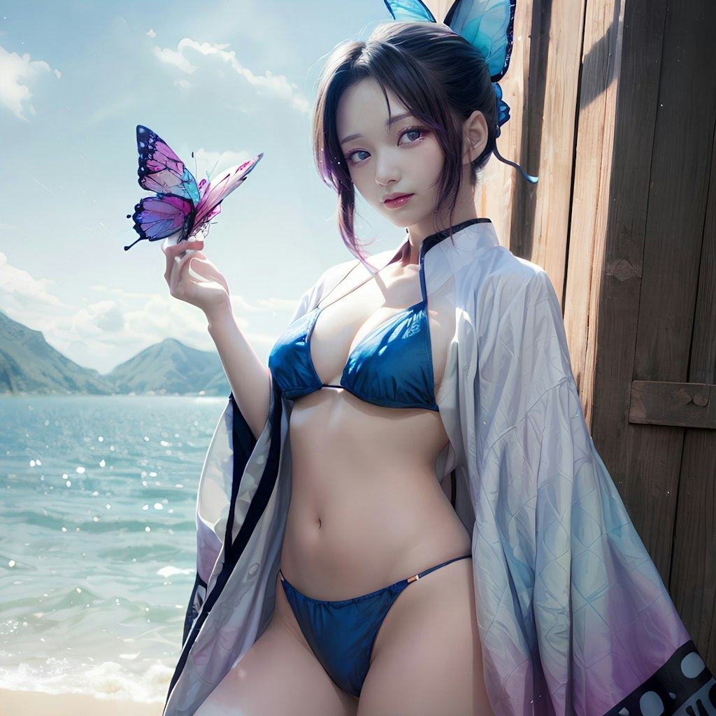 海の日に彩る美人コスプレイヤー：胡蝶しのぶのセクシーな水着デート