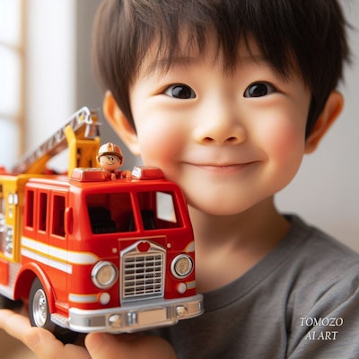 消防車のおもちゃで遊ぶ男の子
