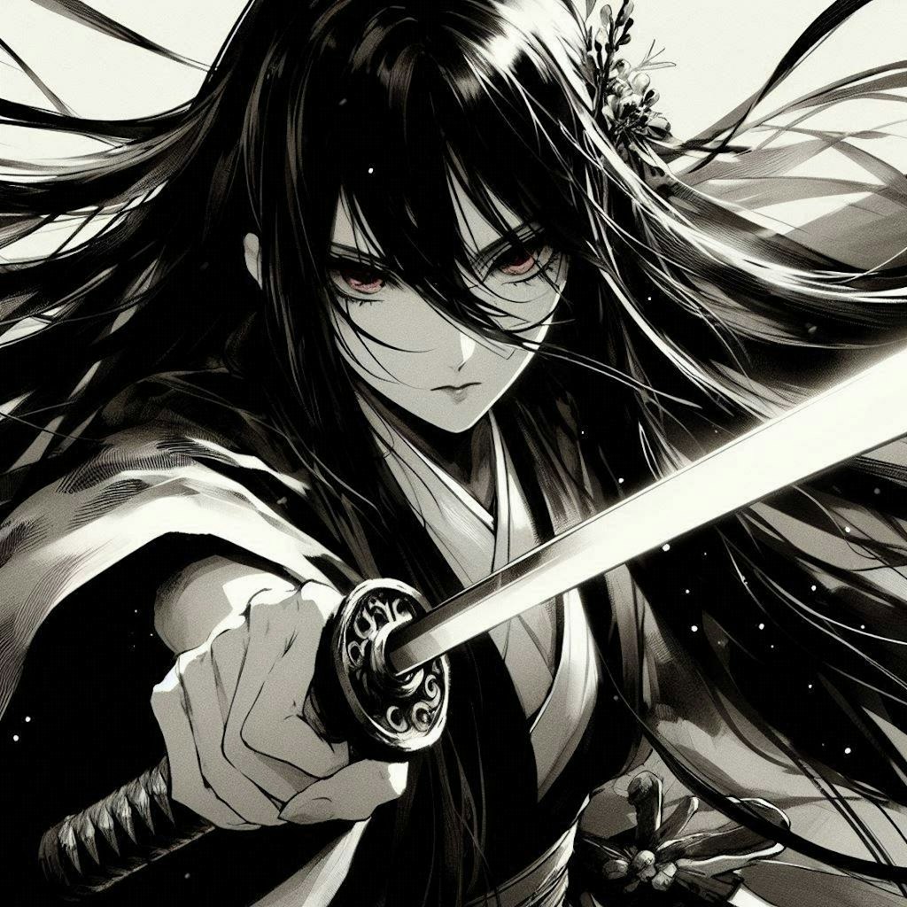 黒髪の女侍さん３２０(墨絵)