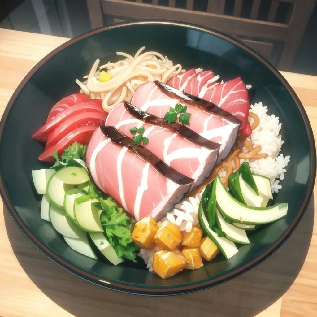 これマグロの山掛け丼やない。あぶった大トロとサラダを敷き詰めた丼や