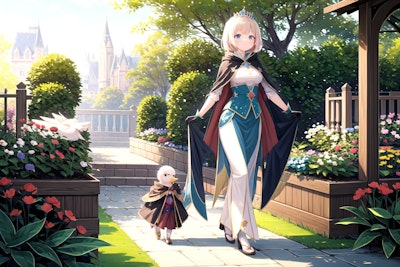 2枚] 庭園散歩の姫とお供