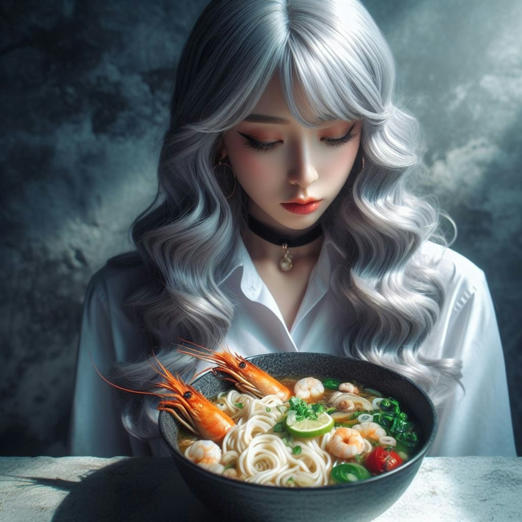 銀髪少女とseafood noodle