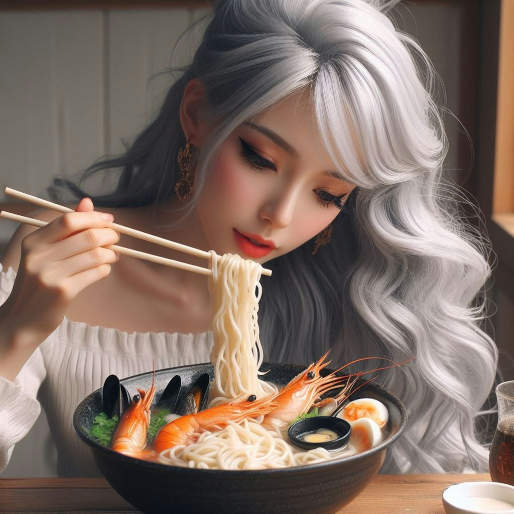 銀髪少女とseafood noodle