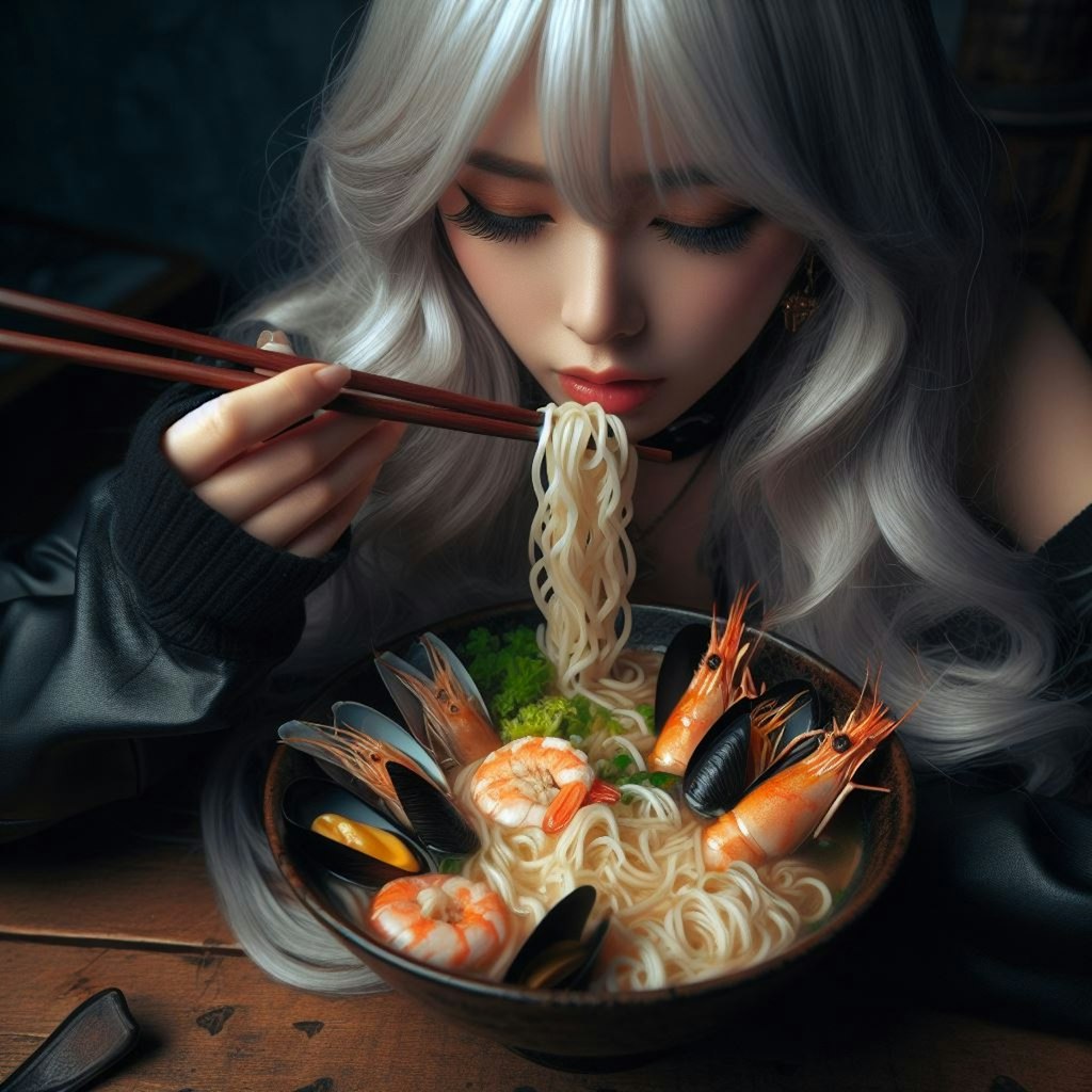 銀髪少女とseafood noodle