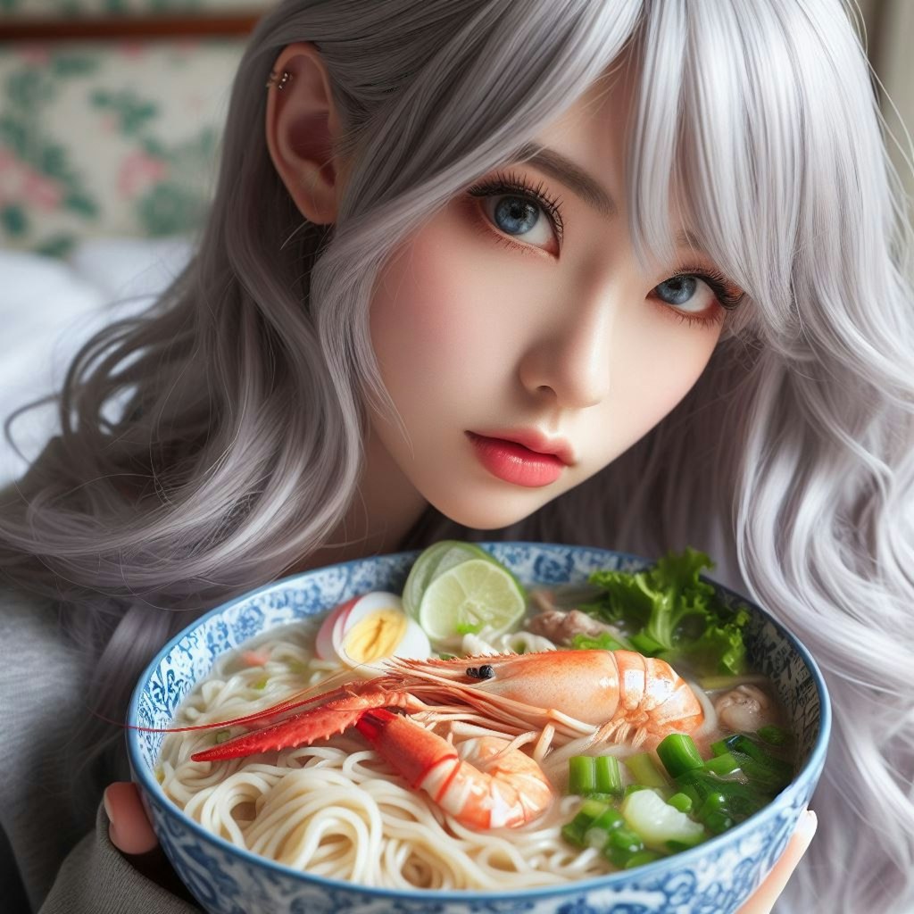 銀髪少女とseafood noodle