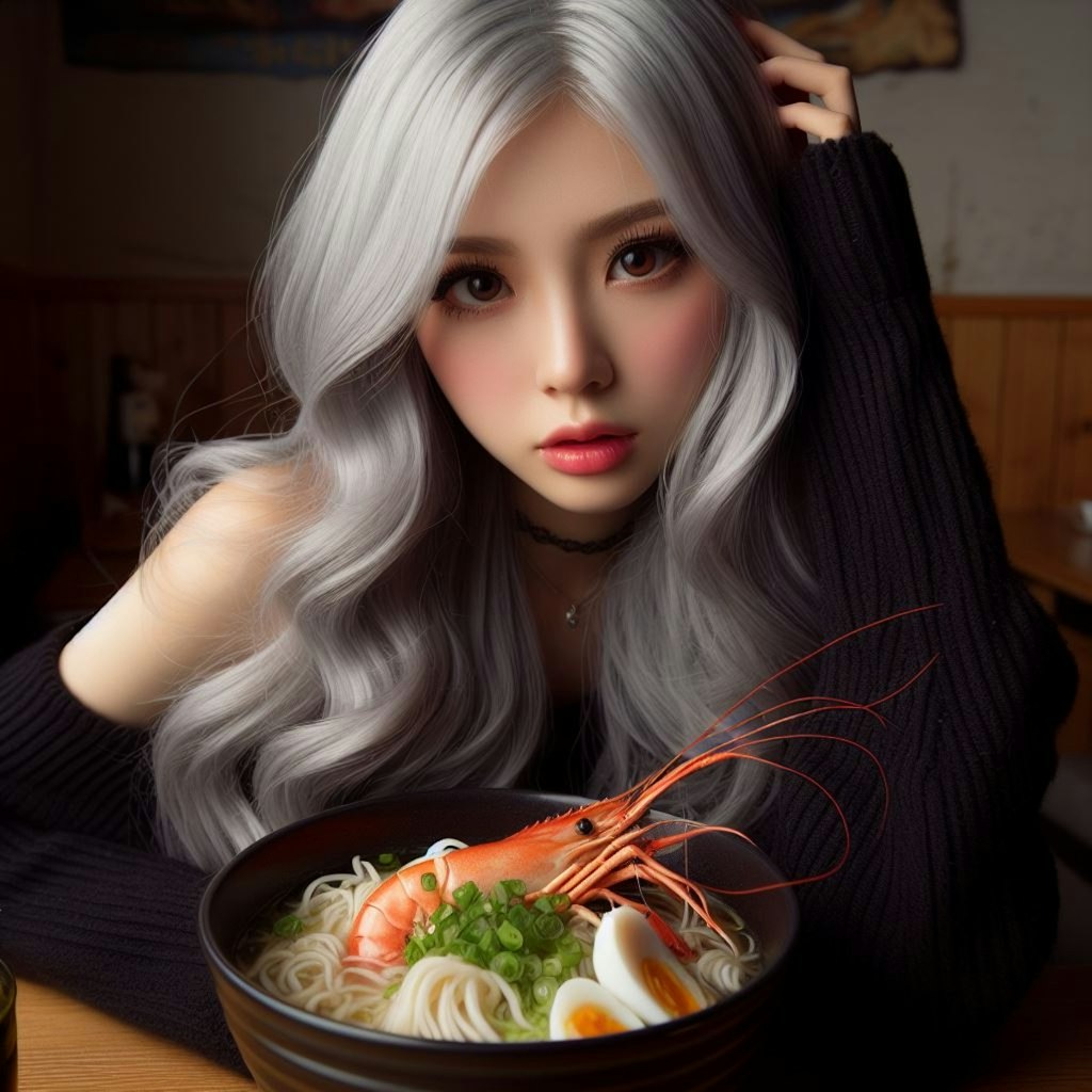 銀髪少女とseafood noodle