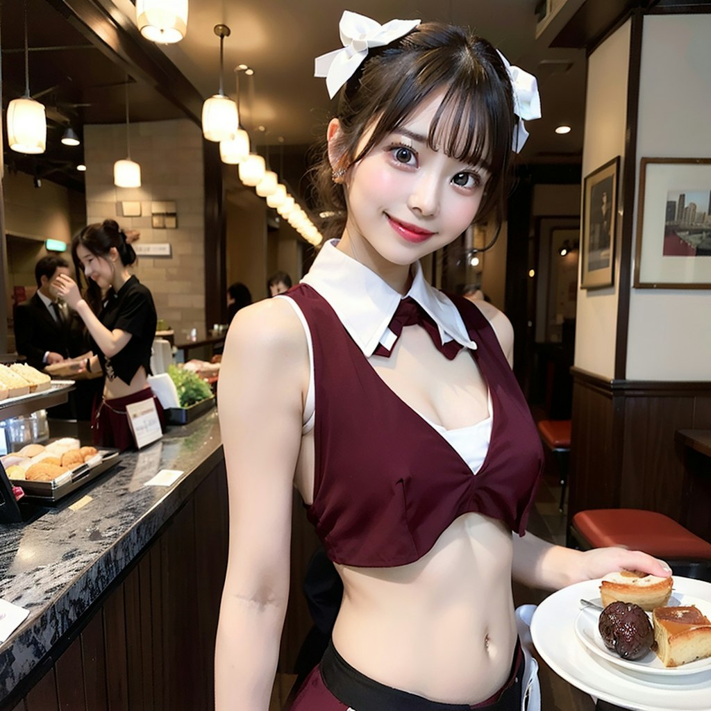 ワインレッドのコスプレカフェのAI美女です