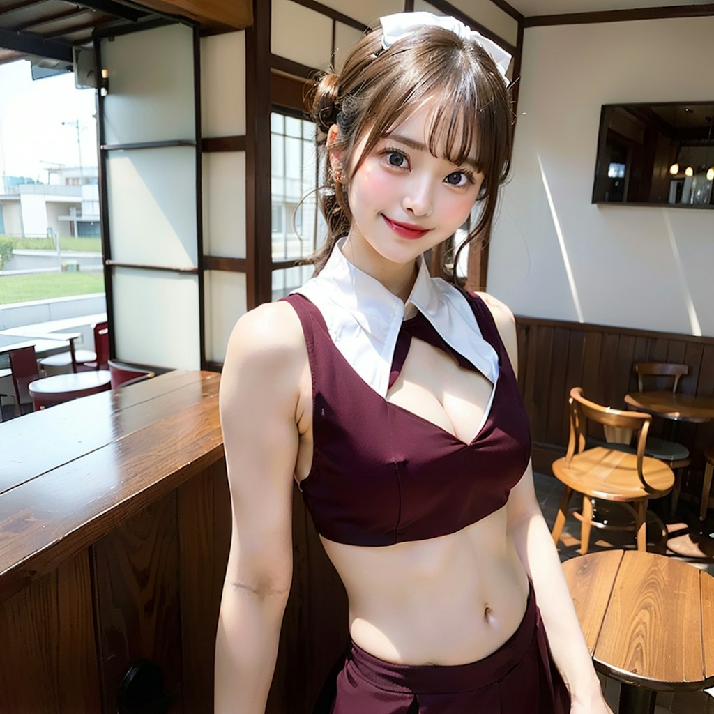 ワインレッドのコスプレカフェのAI美女です