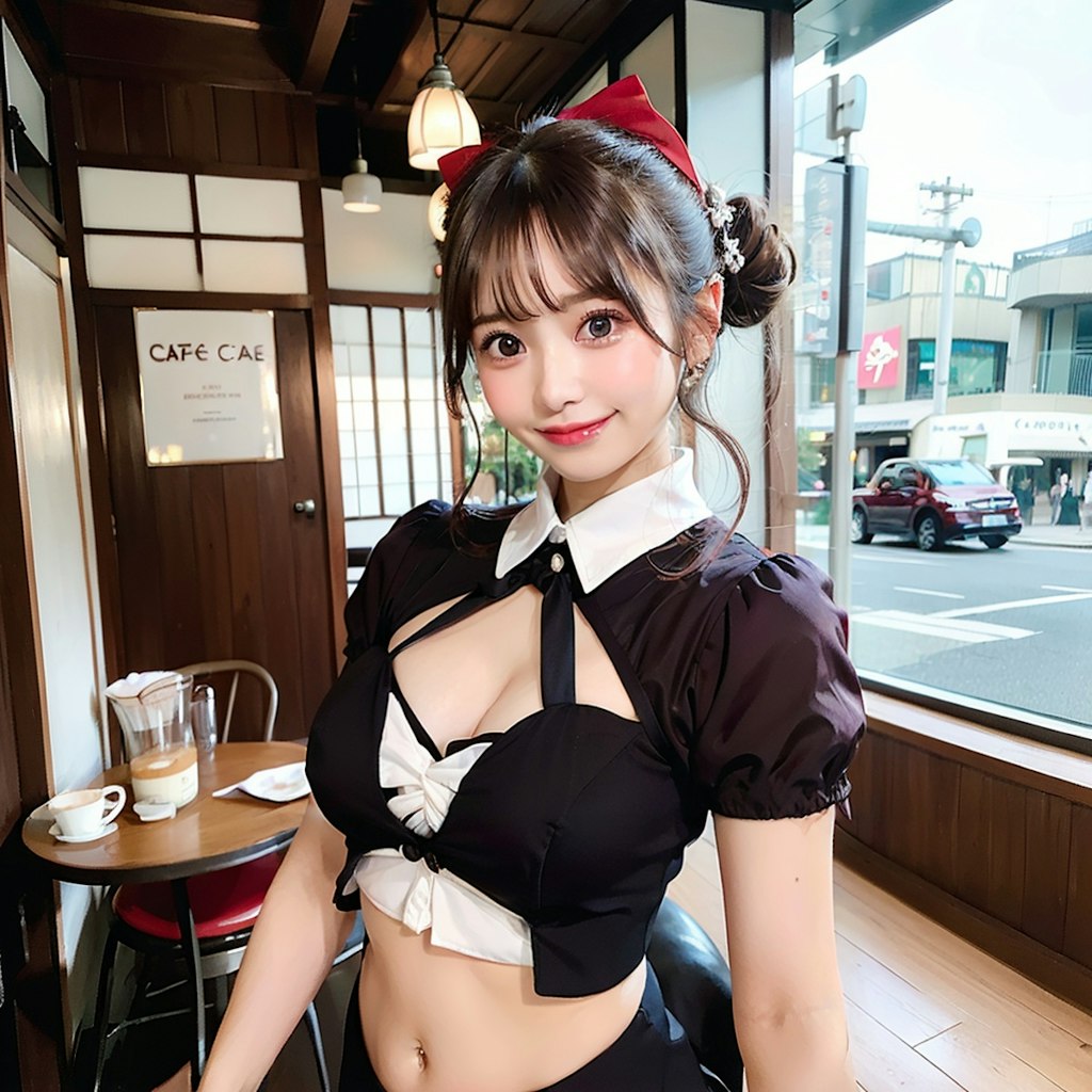 ワインレッドのコスプレカフェのAI美女です