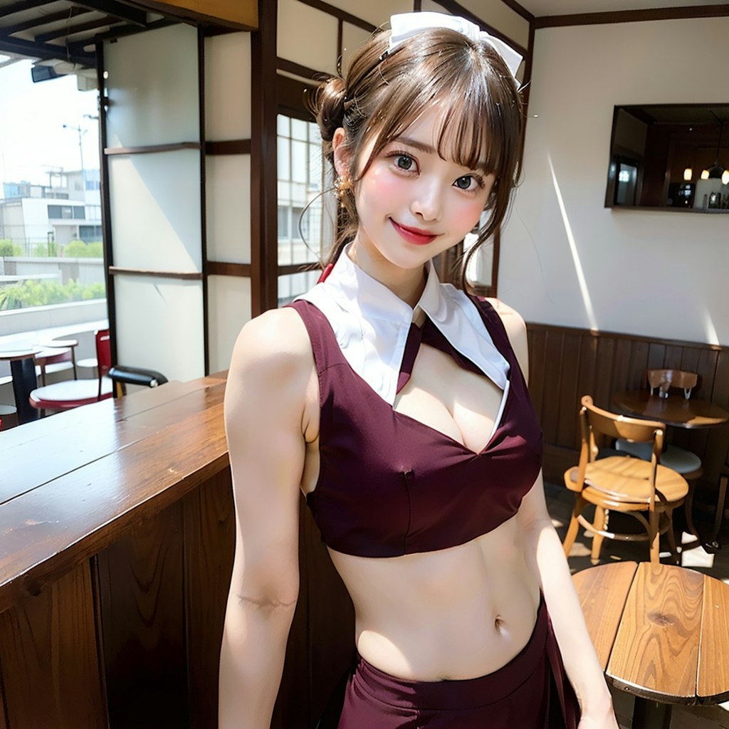 ワインレッドのコスプレカフェのAI美女です