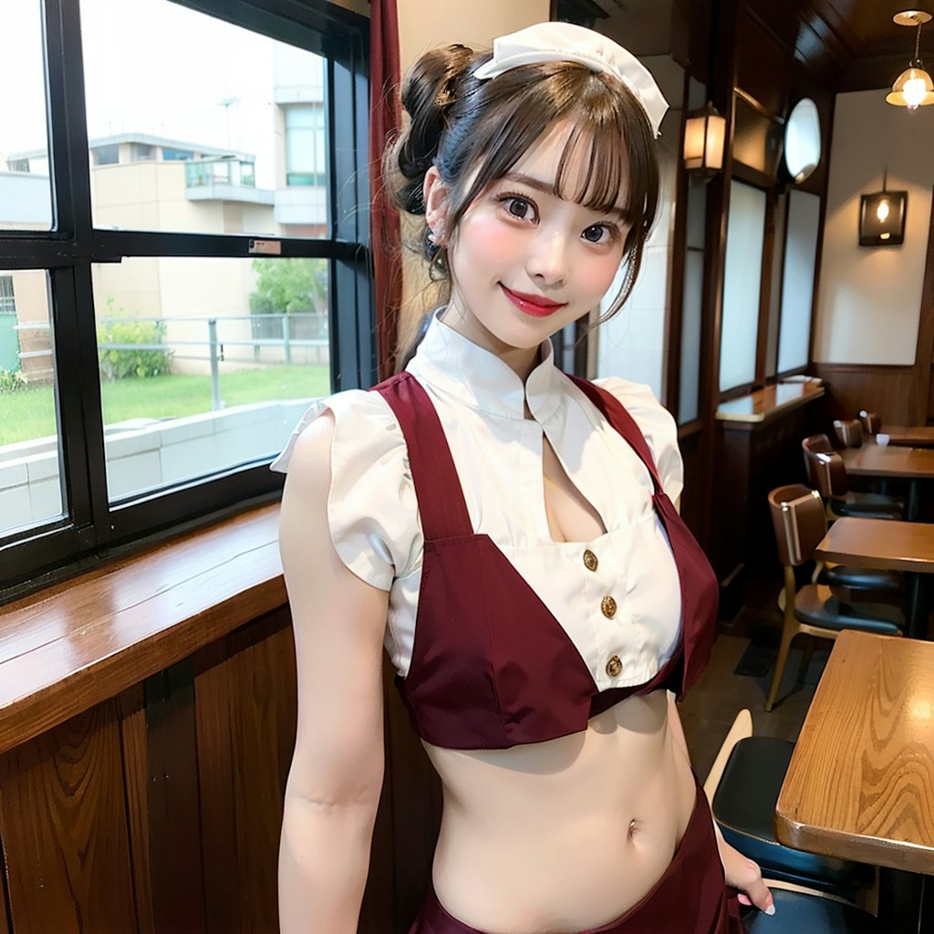 ワインレッドのコスプレカフェのAI美女です