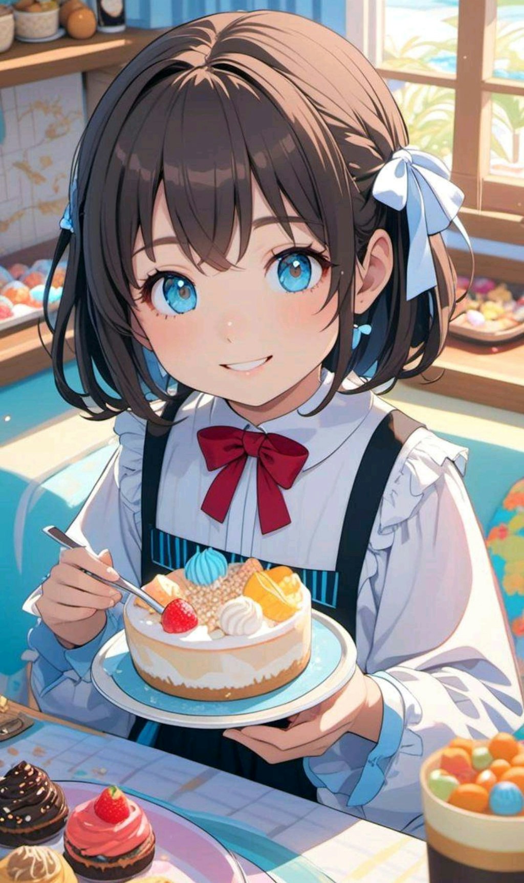 スイーツパラダイスでいっぱい食べたい小さな女の子