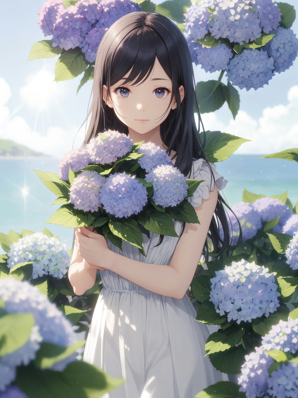 sea and hydrangea