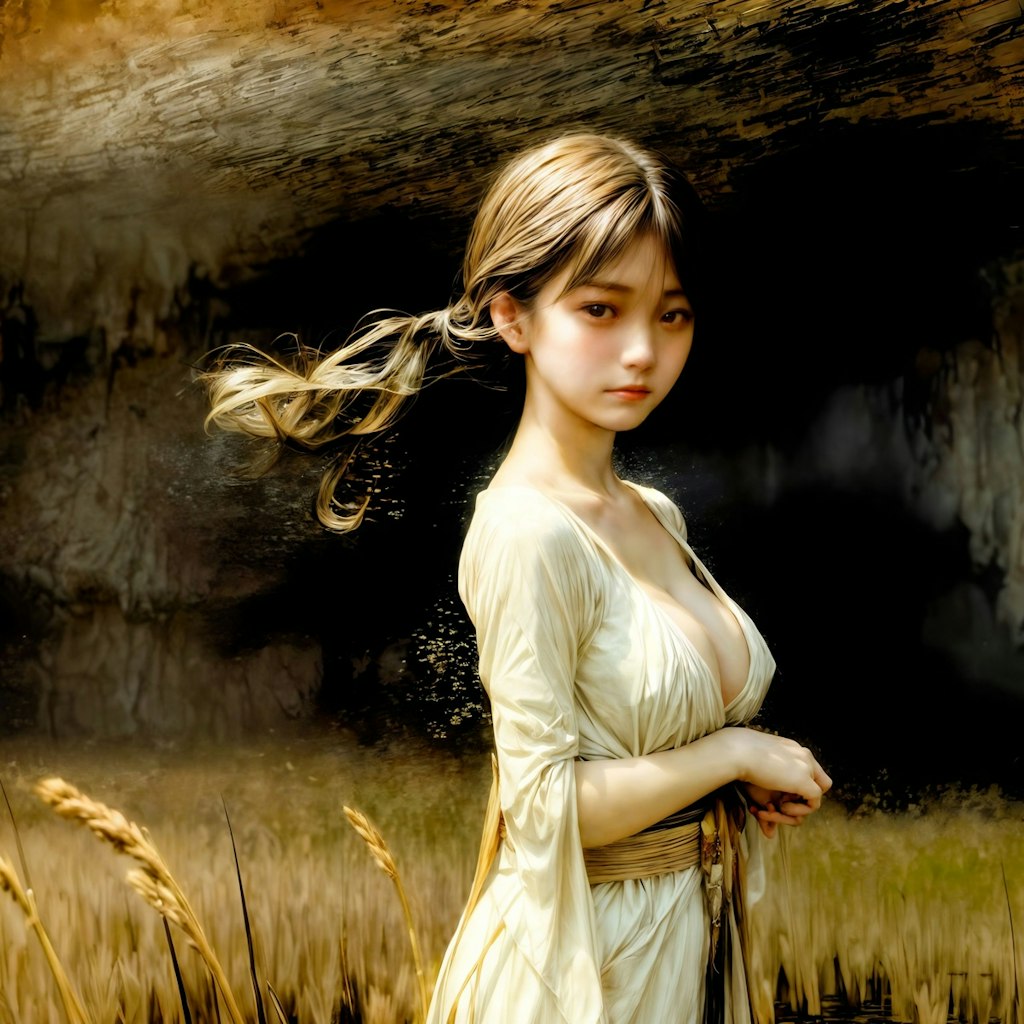 日本の田園風景をバックに明治時代をイメージした美少女の肖像画