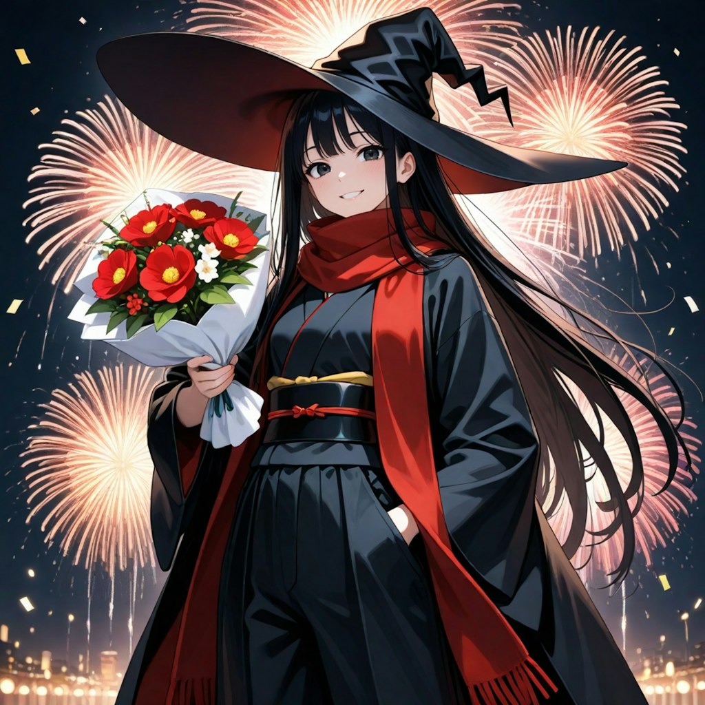 御祝い花火と御祝い花束を持ついつもの魔女さん