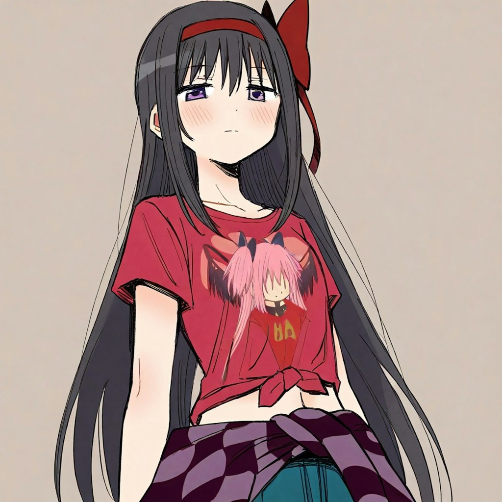 自分とまどかをプリントしたＴシャツを着ている悪魔ほむら