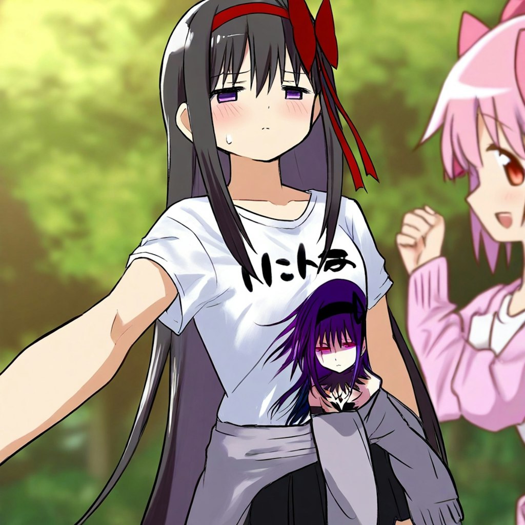 自分とまどかをプリントしたＴシャツを着ている悪魔ほむら