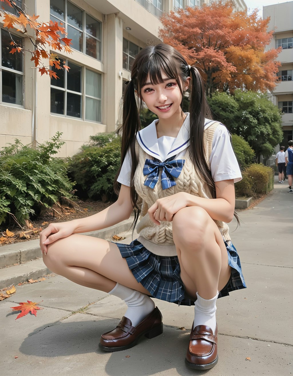 ミニスカ制服でしゃがんでいるJ系妹ちゃん