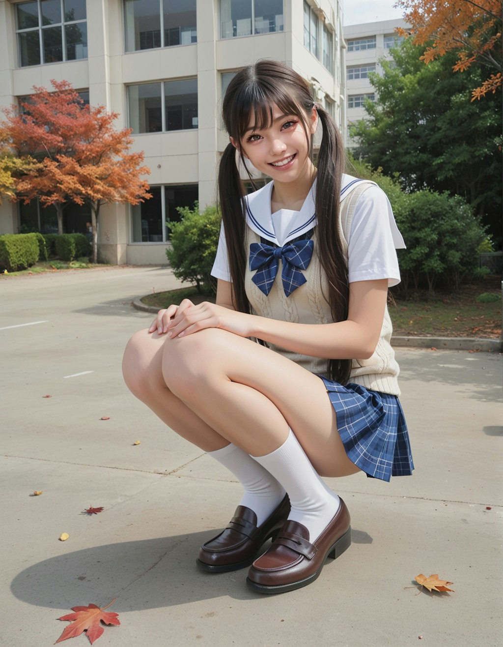 ミニスカ制服でしゃがんでいるJ系妹ちゃん