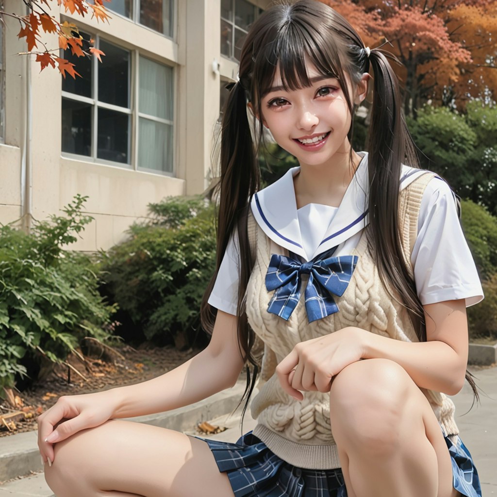 ミニスカ制服でしゃがんでいるJ系妹ちゃん