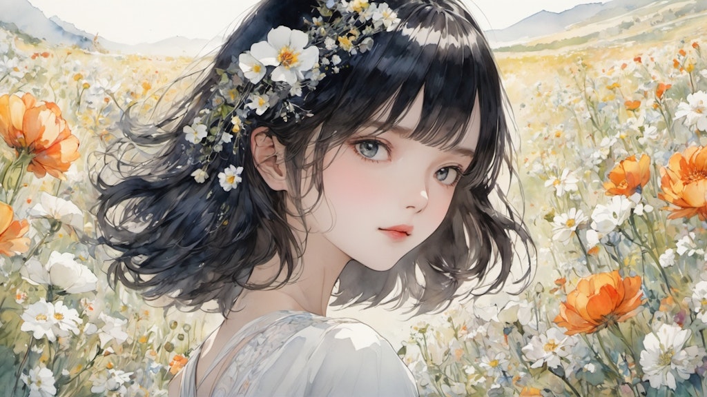 watercolor, girl, flowers。倍率実験。