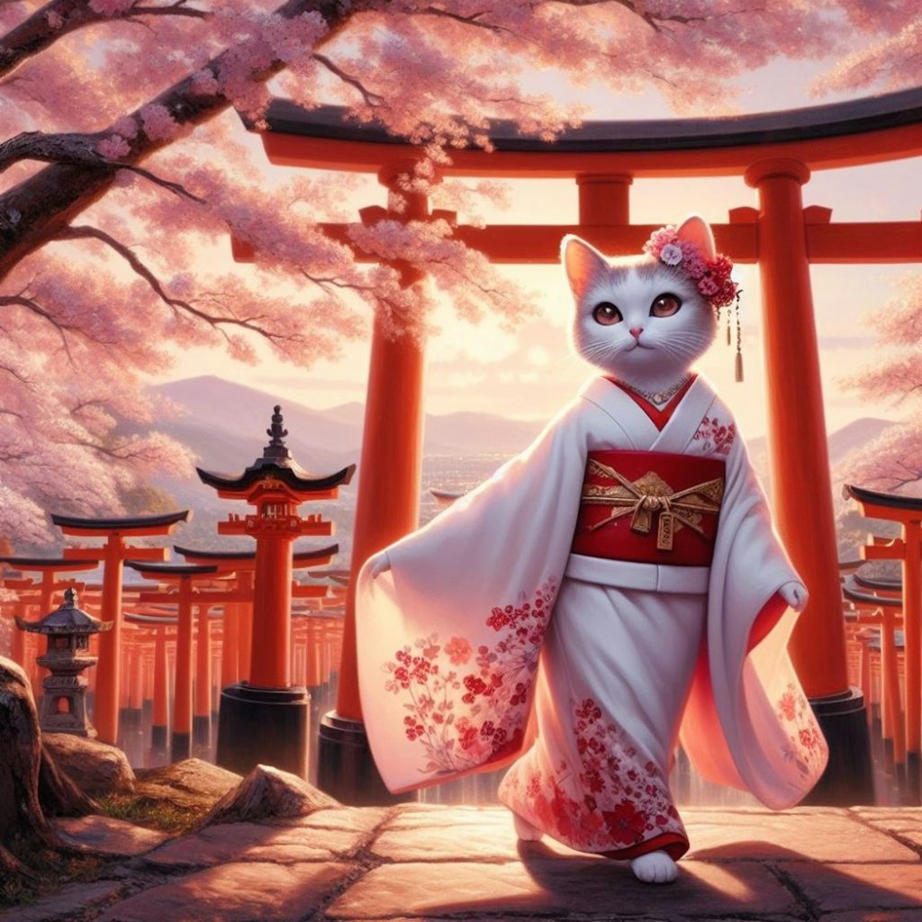 アクリル風 　春の神社　#巫女　猫