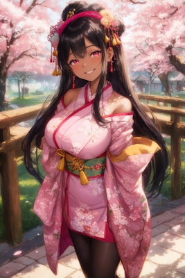 桜の木と桜の着物と桜のような笑顔