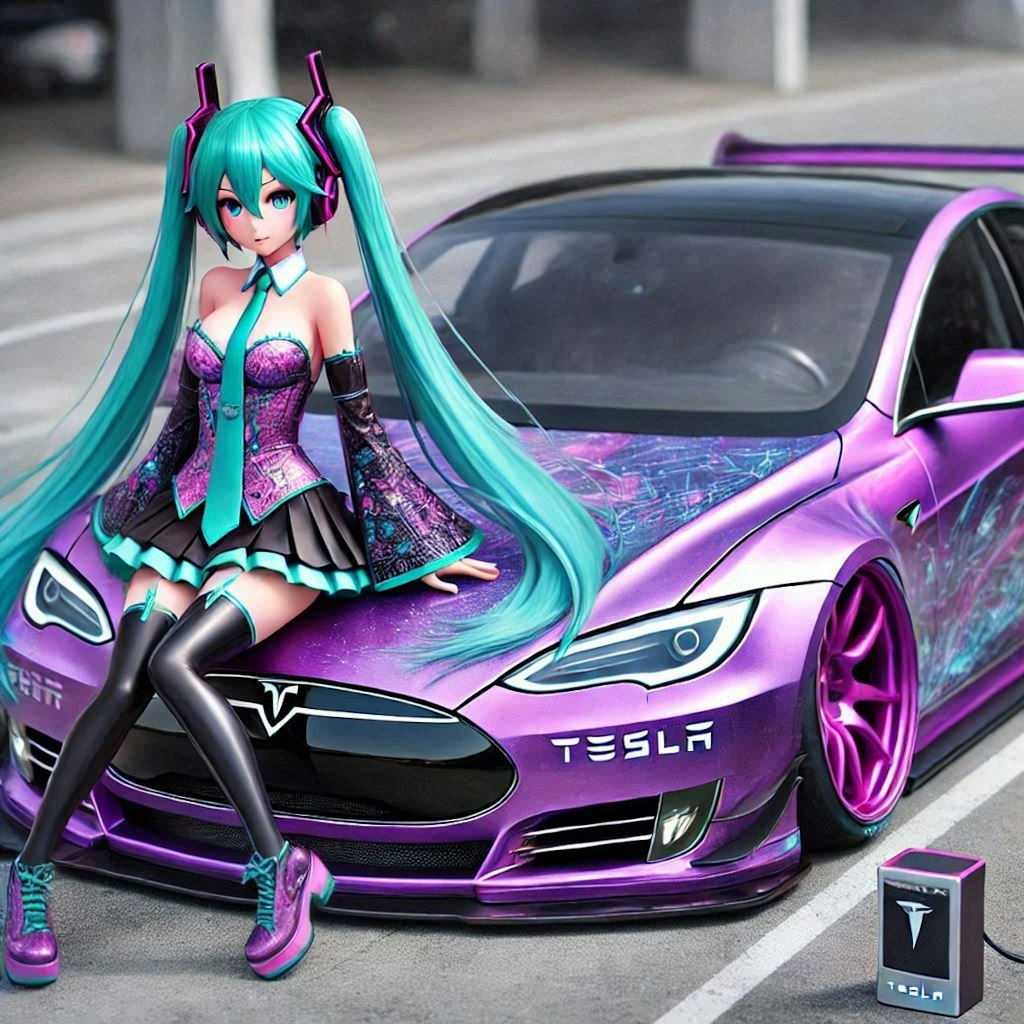 初音ミクとパープルカラーテスラのドリ車