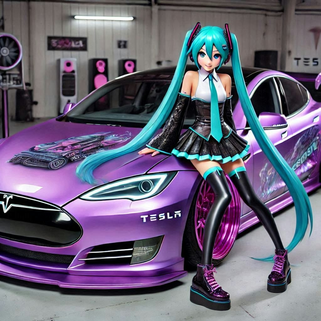 初音ミクとパープルカラーテスラのドリ車