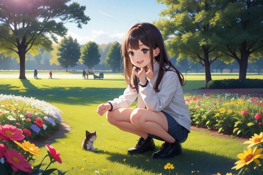 公園で子猫と遊ぶ少女1